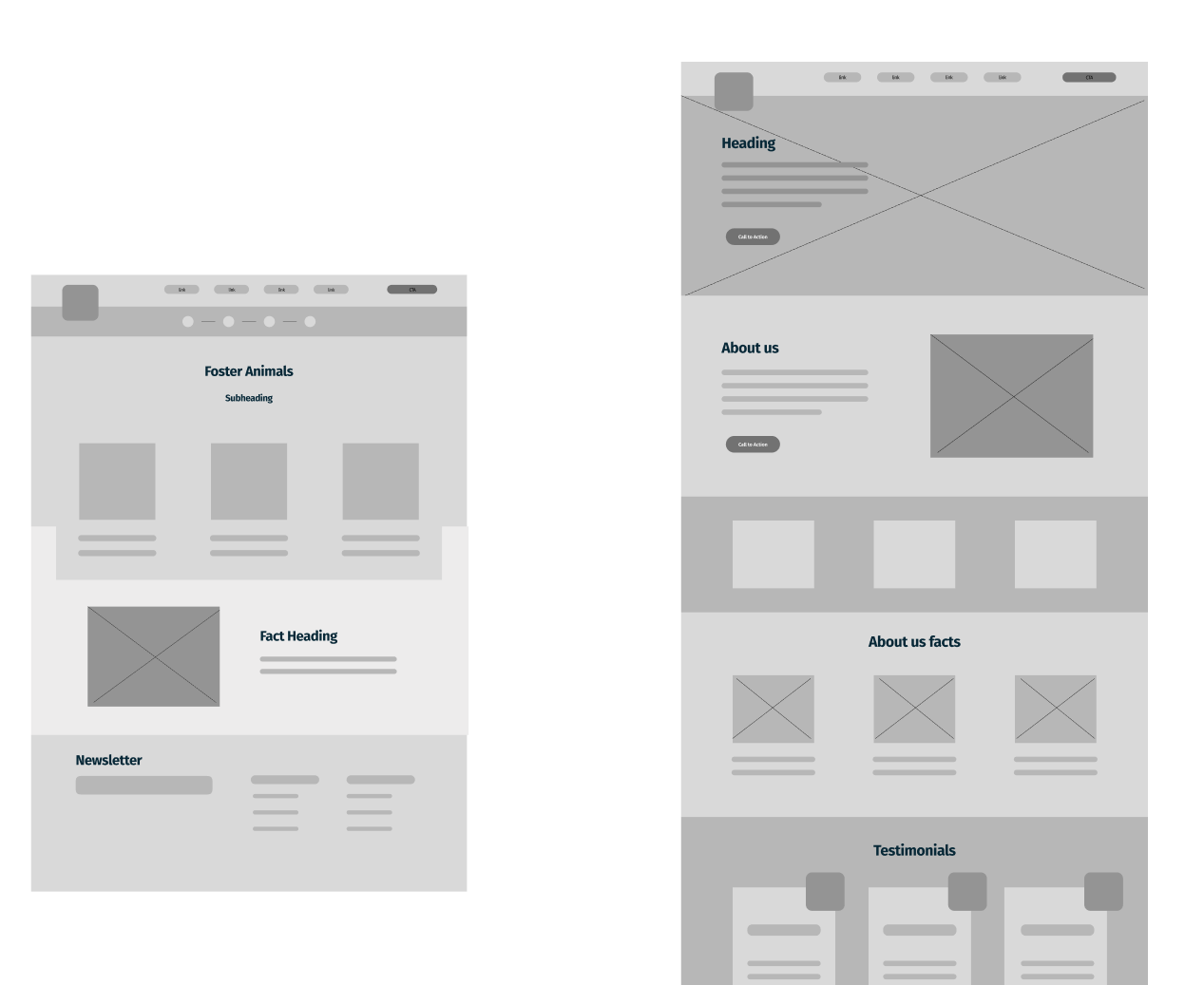 Greyscale wireframes of the home page and foster animal page