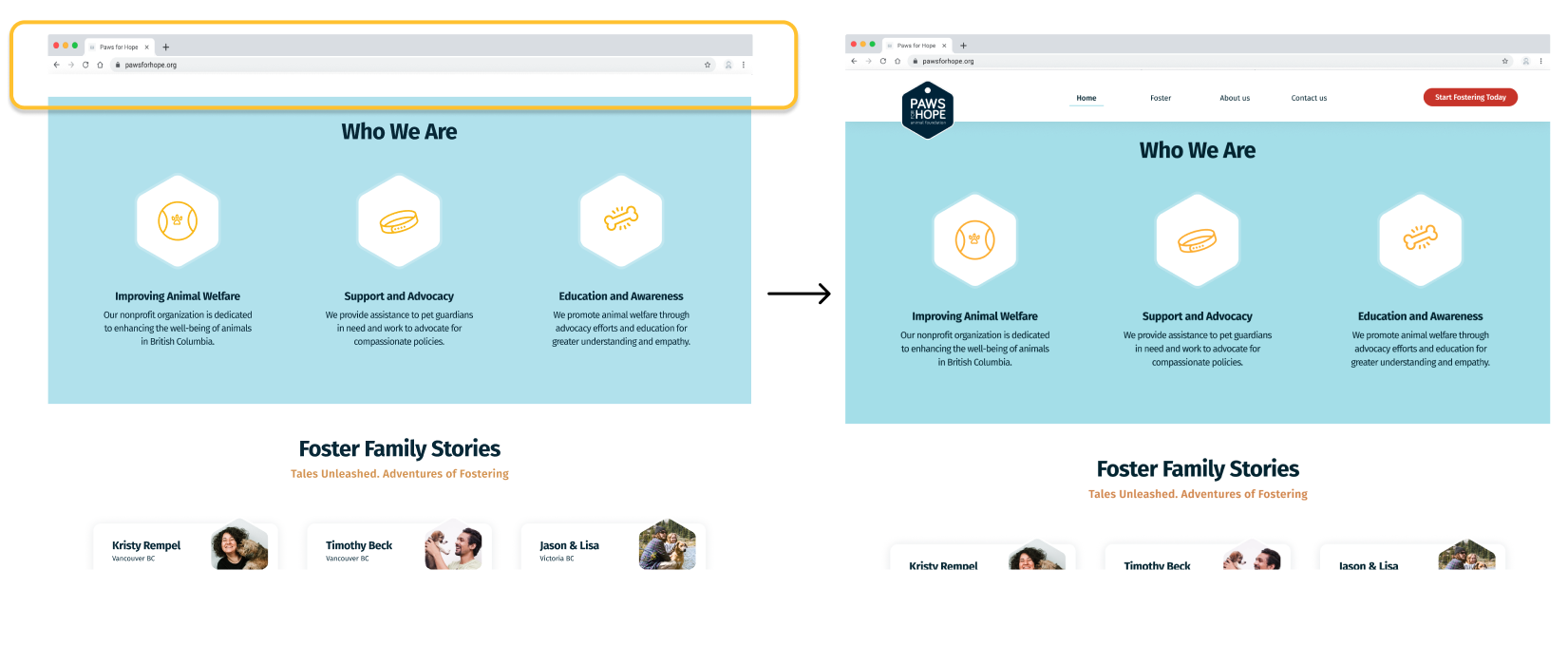 Before and after: the home page gains a sticky navigation bar on scroll