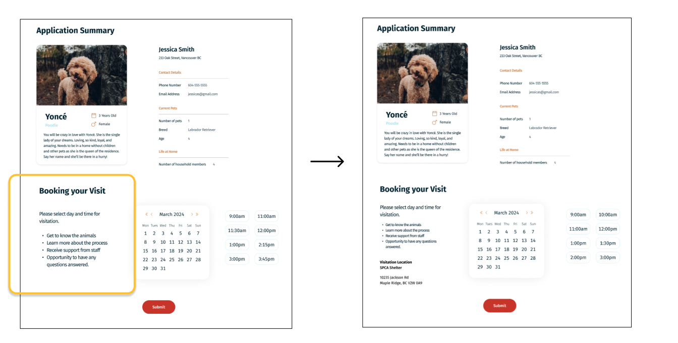 Before and after: the booking summary now states the visitation location and address
