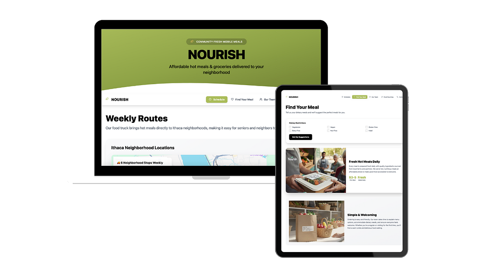 Nourish website and tablet interface mockups