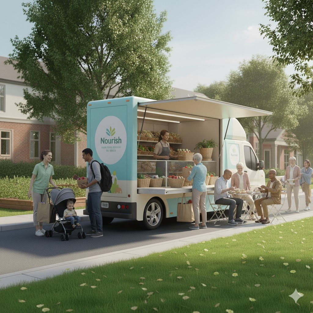 Nourish truck serving ledge with accessible waist-high handoff