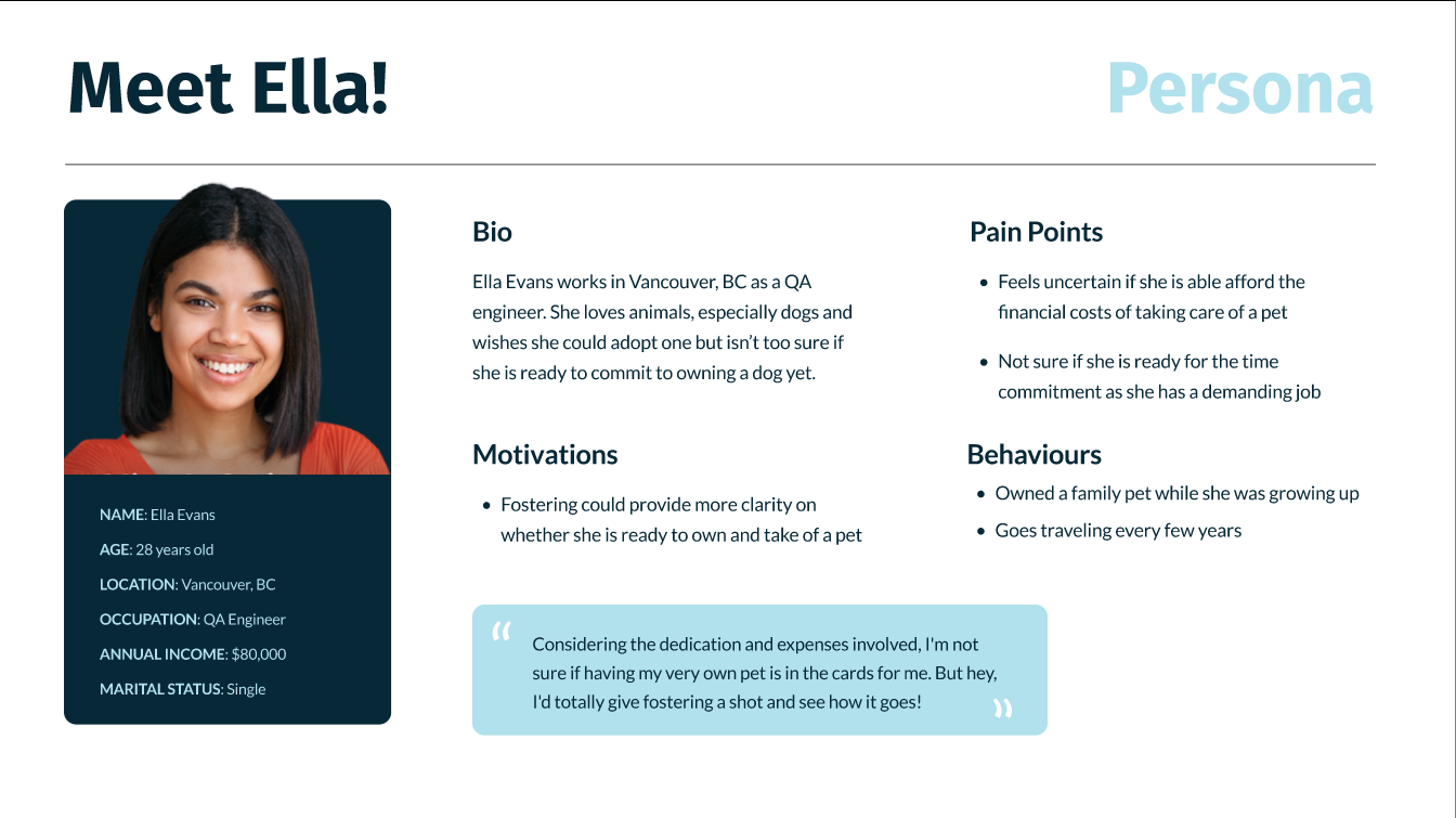 Persona slide for Ella Evans, a 28-year-old QA engineer in Vancouver
